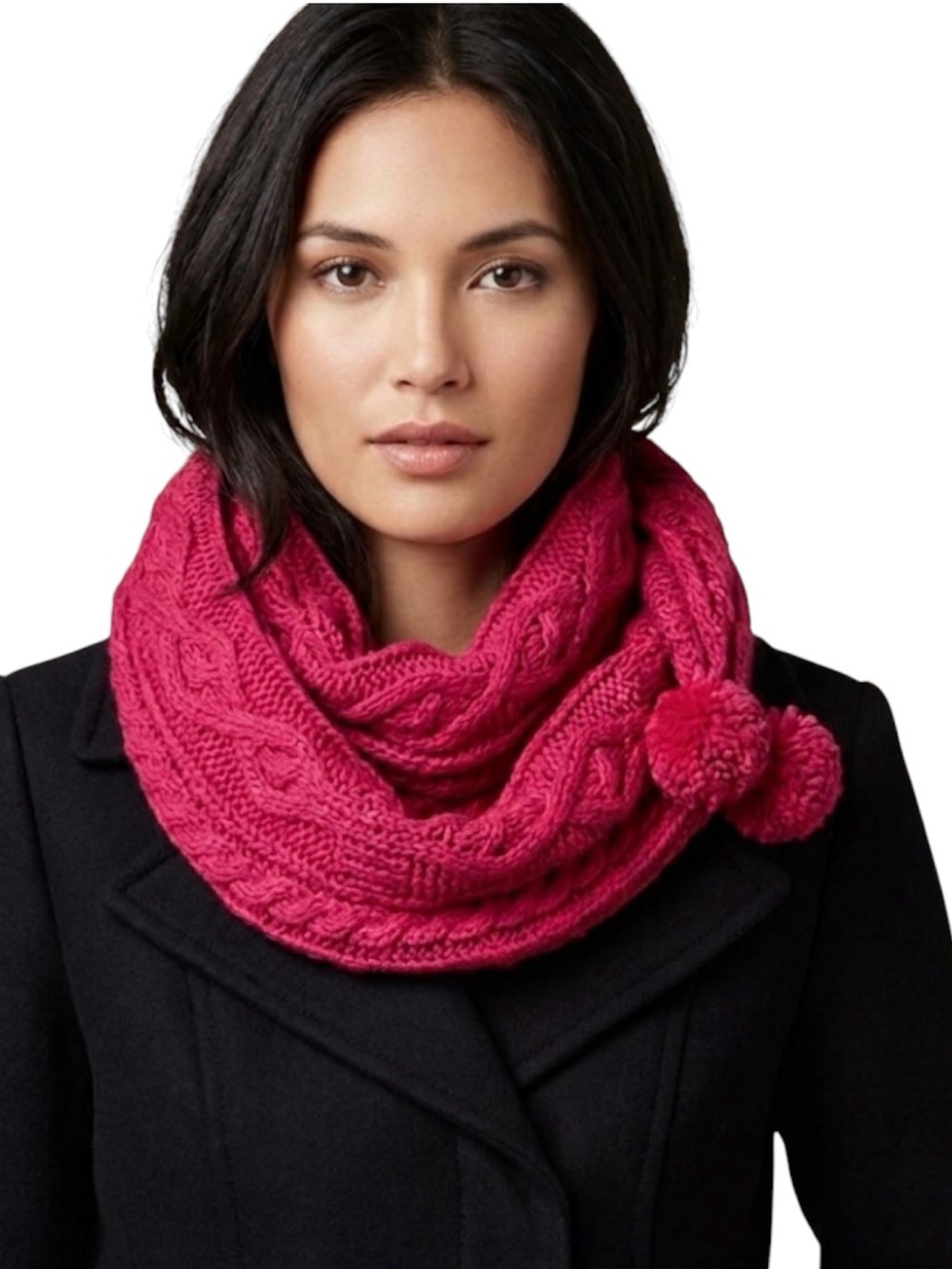 Raspberry Pink Infinity Chunky Cable Knit Pom Scarf NWT